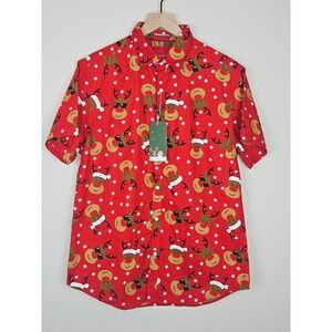 DENIM & FLOWER Mens Reindeer Christmas Button Up Shirt Red Short Sleeve Size M